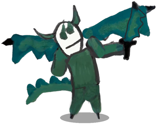 Draco, a green dragon swinging a sword
